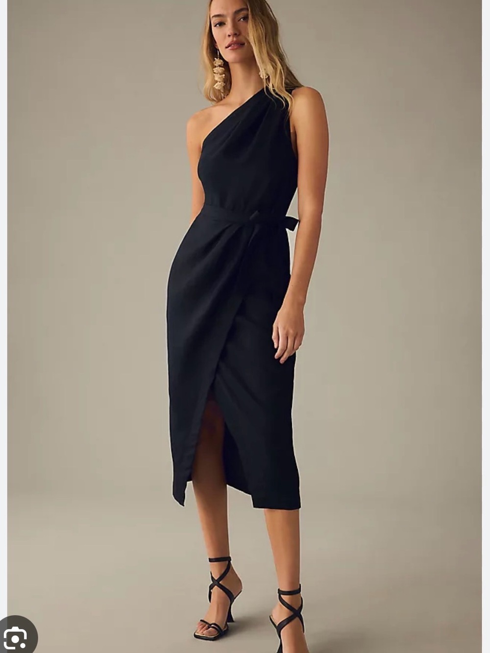 Anthropologie One-Shoulder Linen Black Wrap Midi Dress